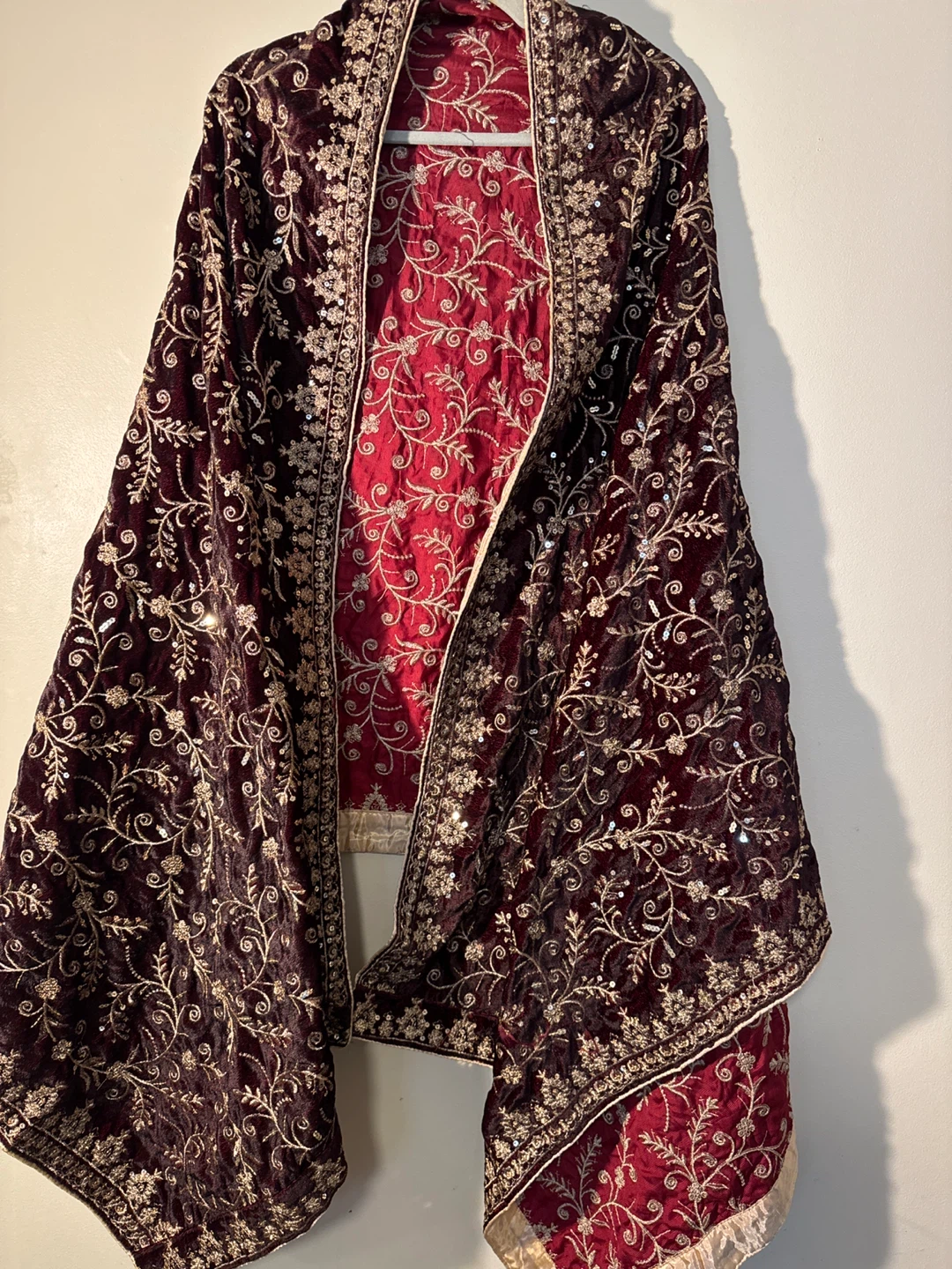 New Burgundy Velvet Shawl with Gold Embroidery