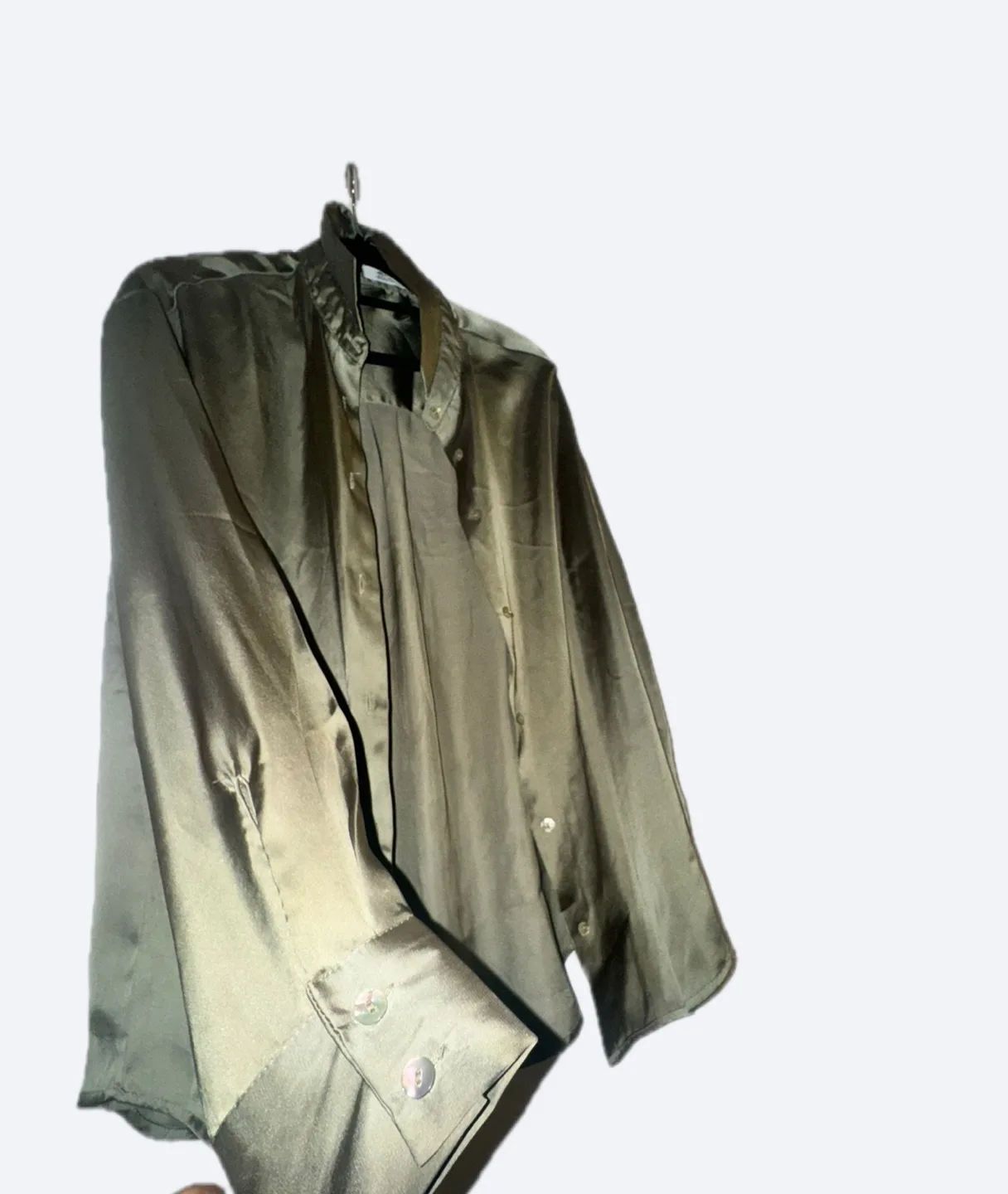 Satin Olive Green Button-Up Shirt thumbnail