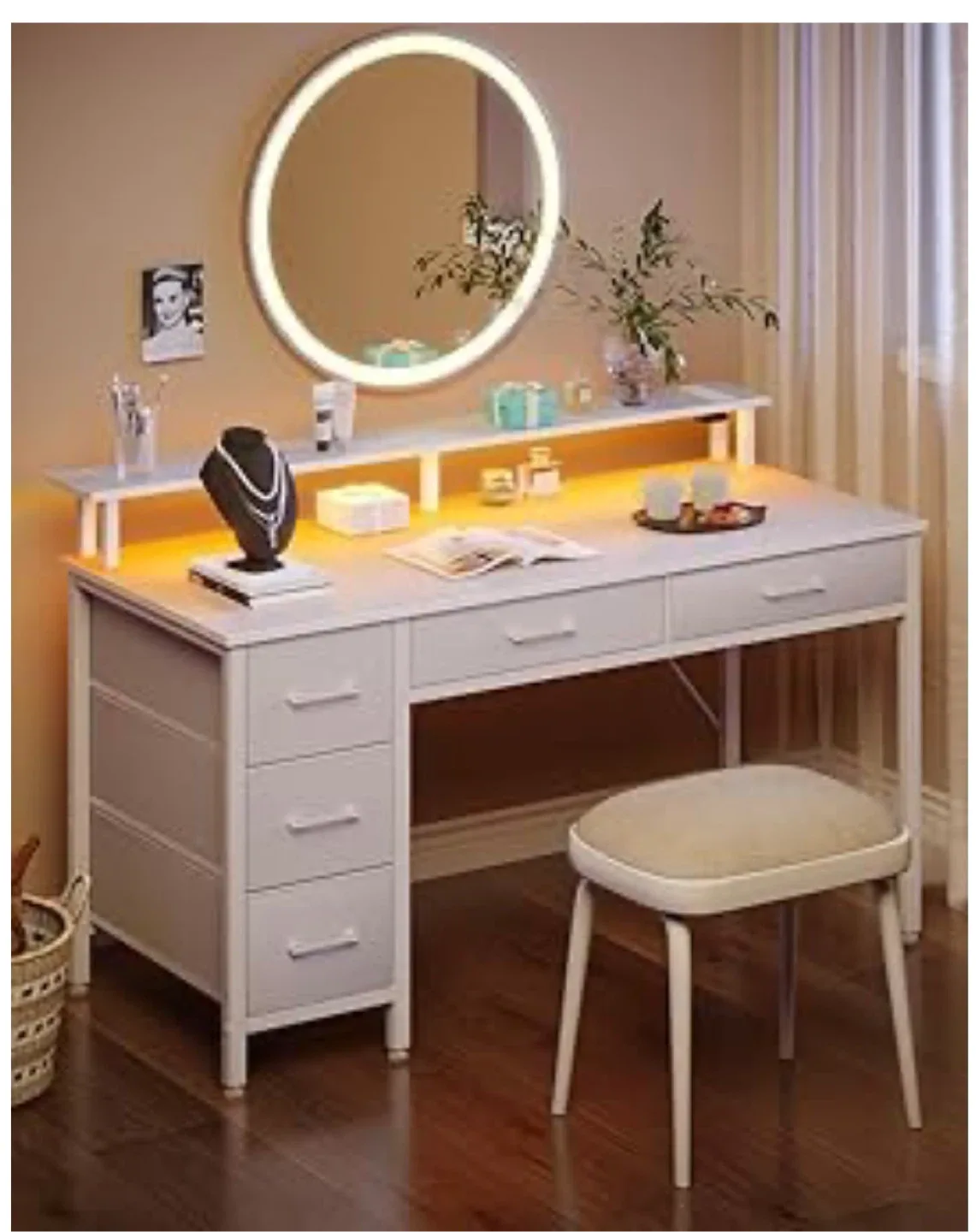 White Desk with Drawers and LED Light image indicator(2)