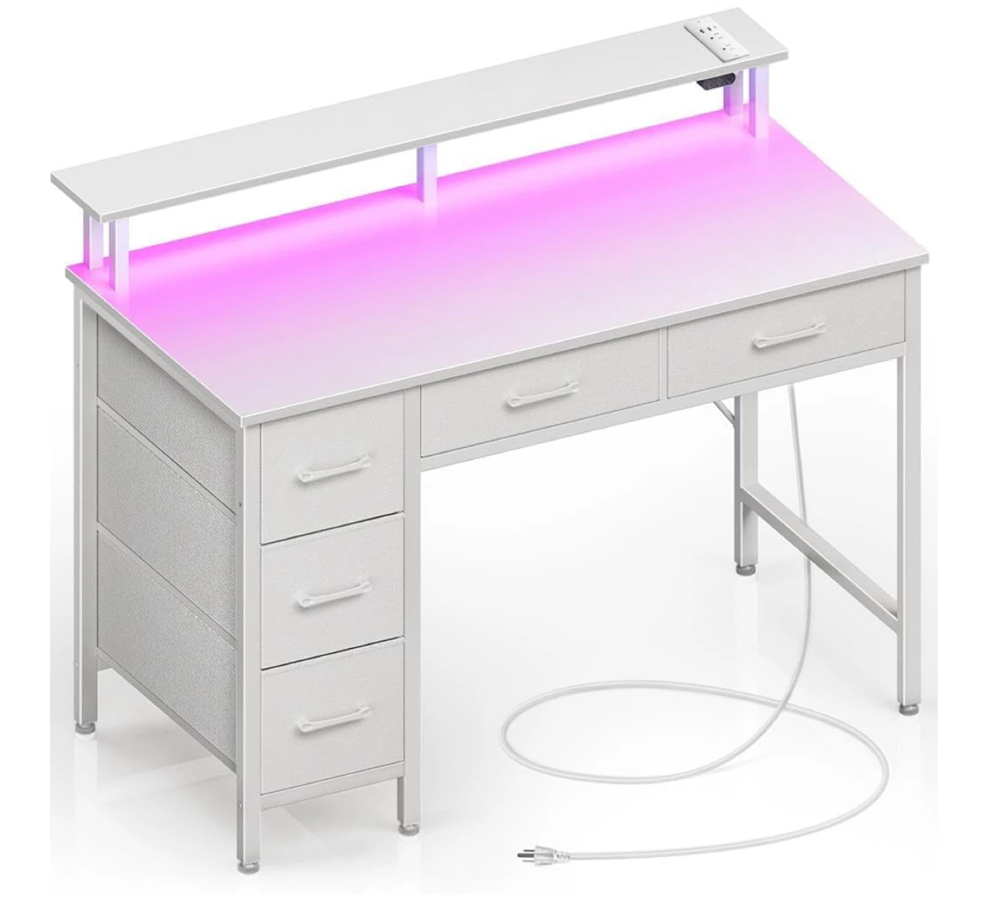 White Desk with Drawers and LED Light
