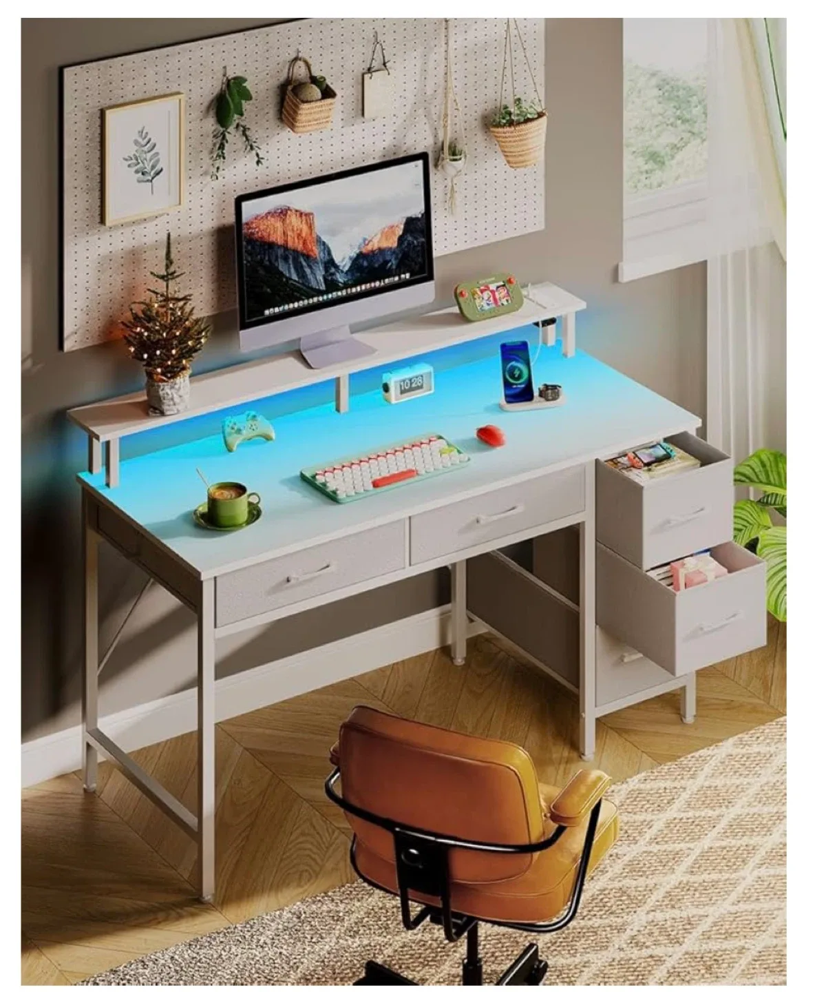 White Desk with Drawers and LED Light image indicator(4)