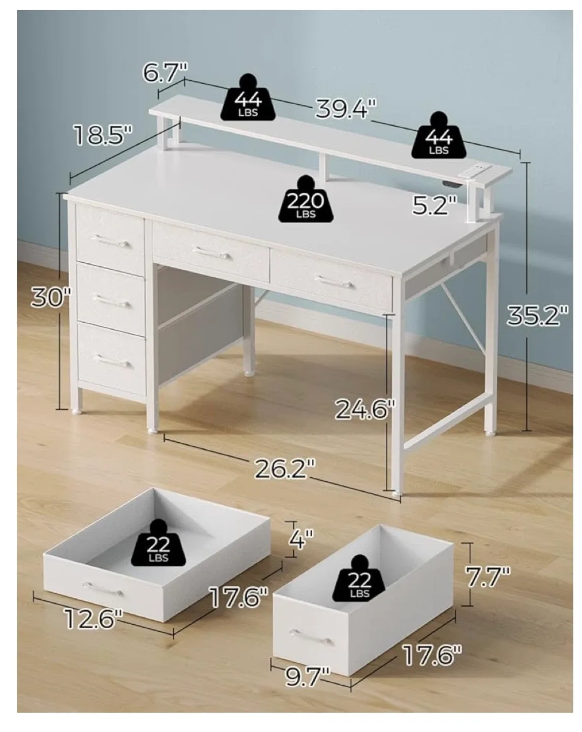 White Desk with Drawers and LED Light image indicator(3)