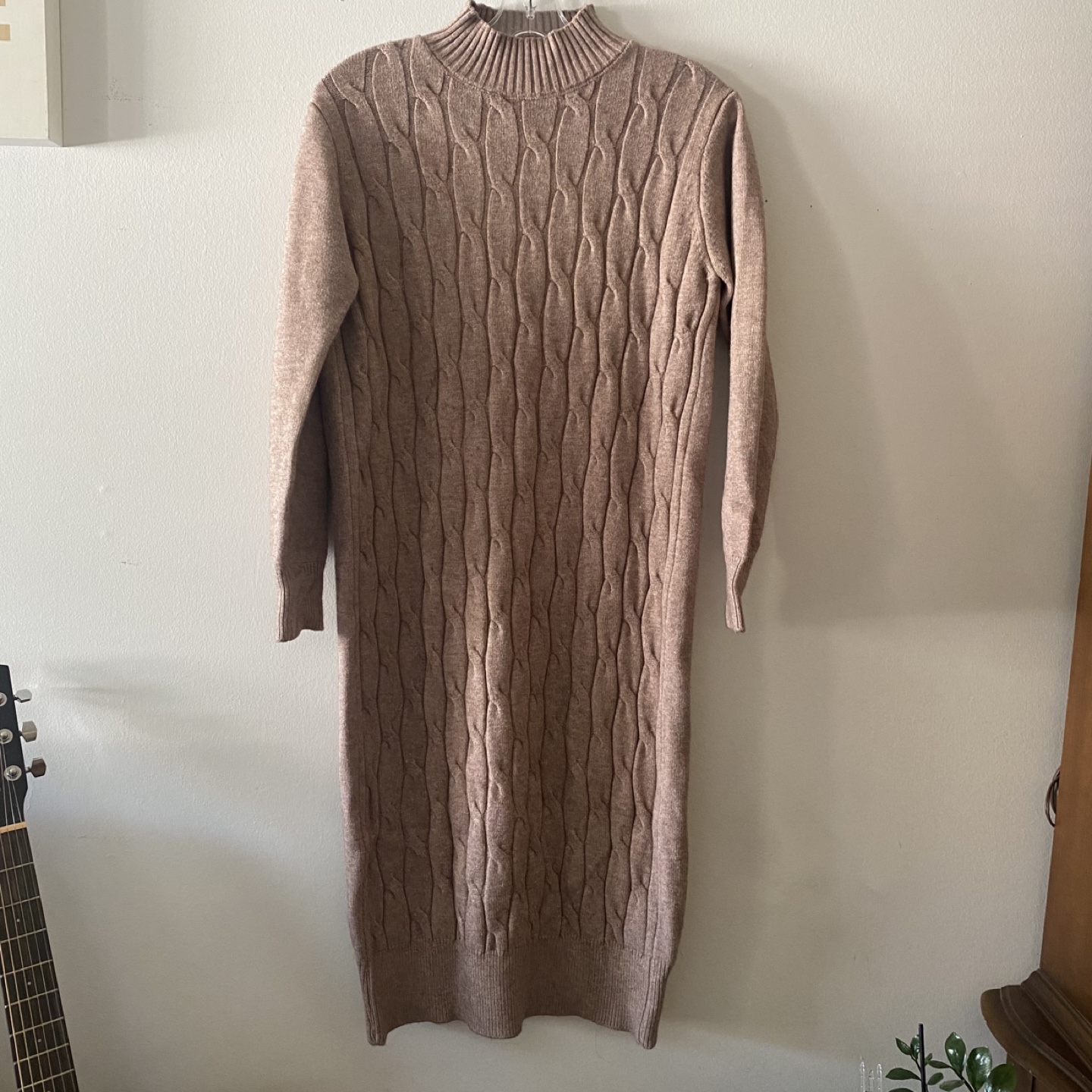Cable Knit Sweater Dress, Beige, Size medium
