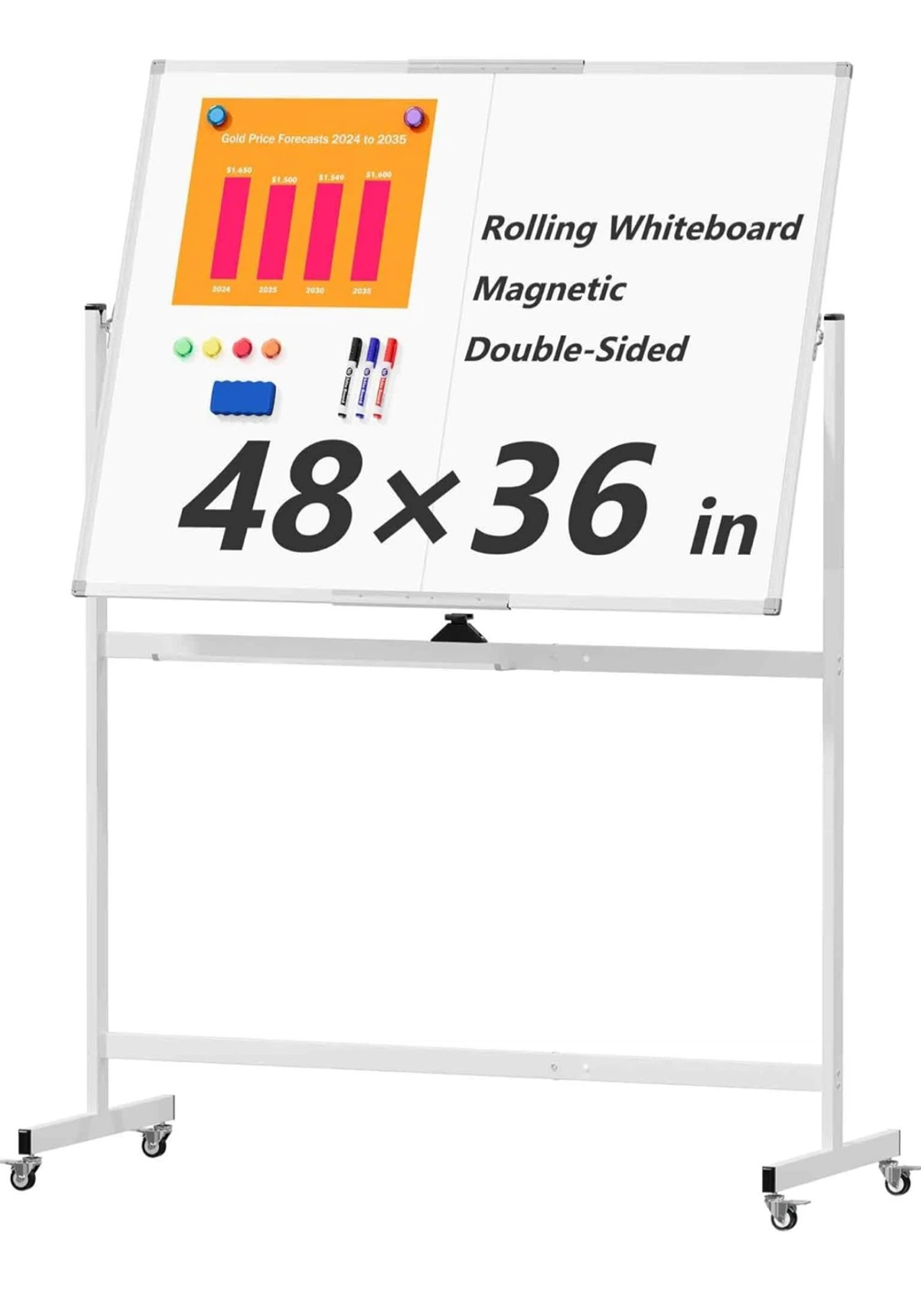 Rolling Whiteboard Magnetic Double-Sided 48x36 in