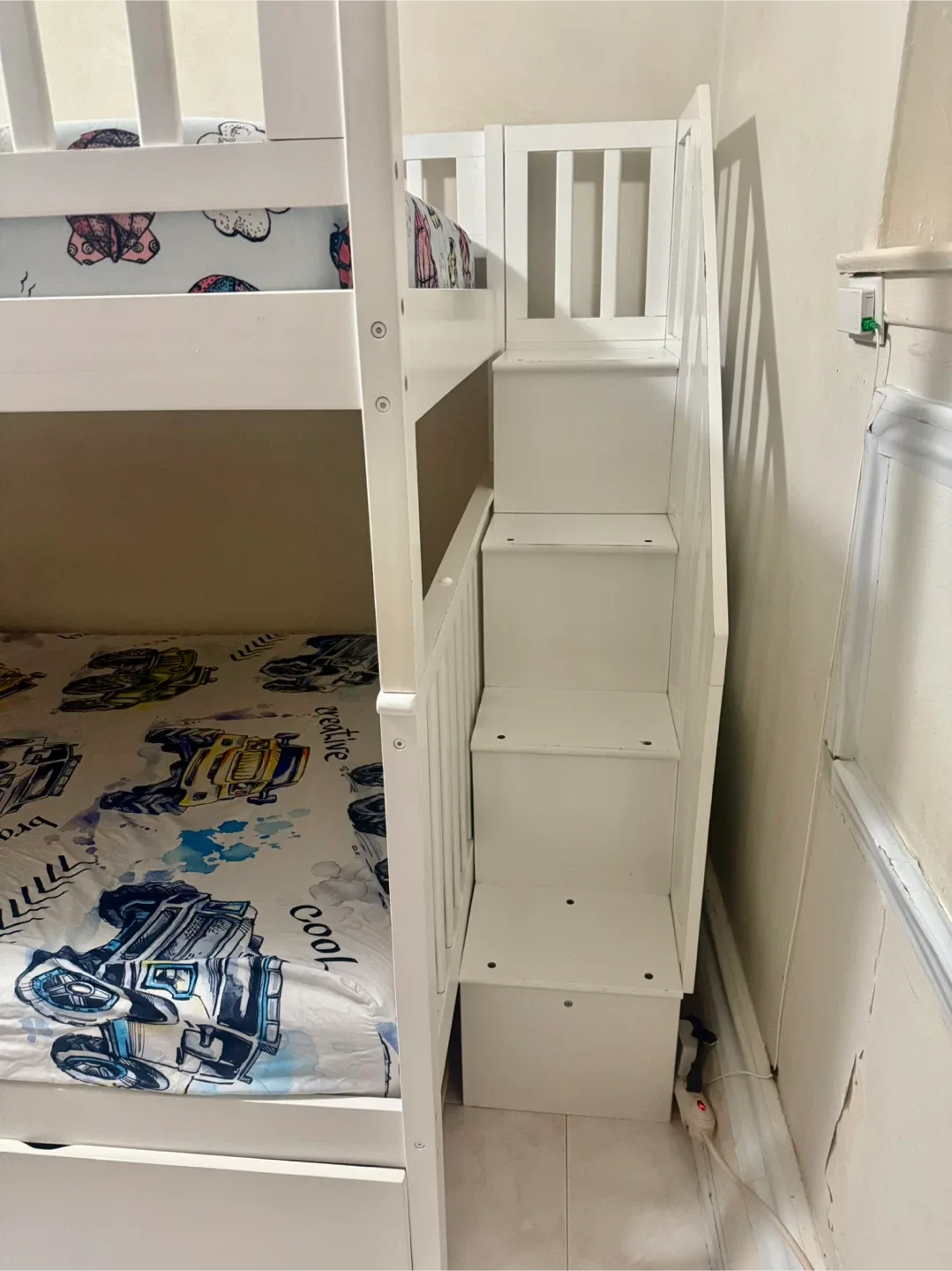 White Wooden Bunk Bed with Stairs image indicator(2)