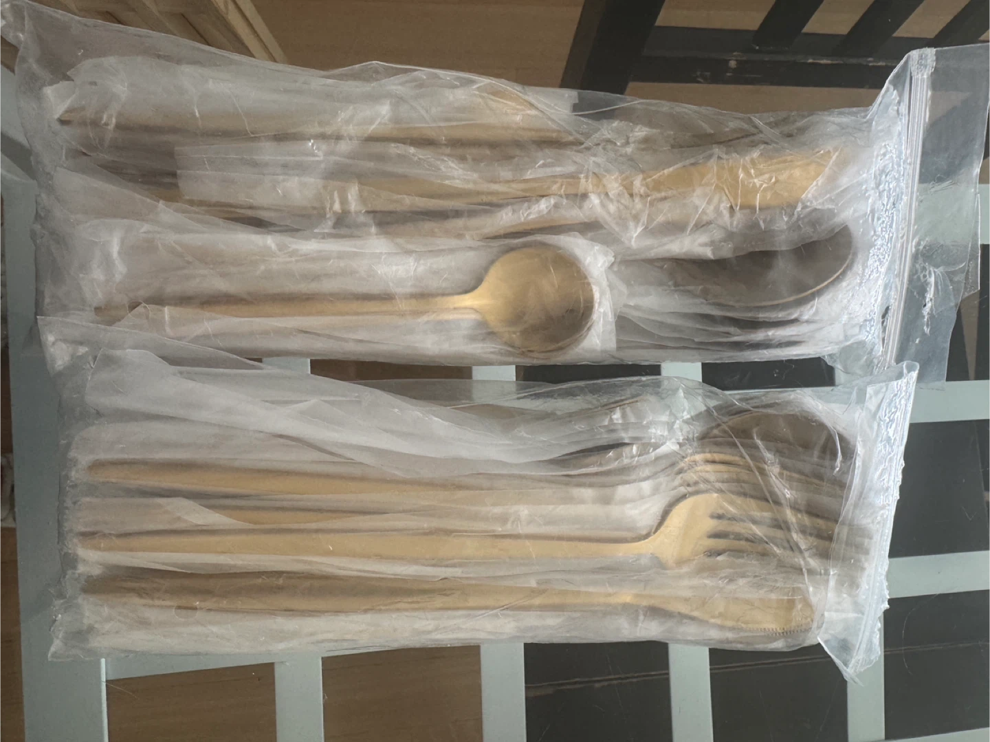 48pc set of gold cutlery + small shoe rack