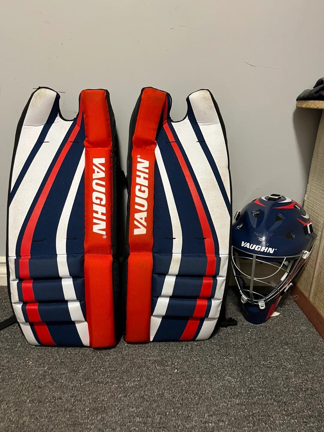 Vaughn Hockey Goalie Leg Pads & Helmet thumbnail
