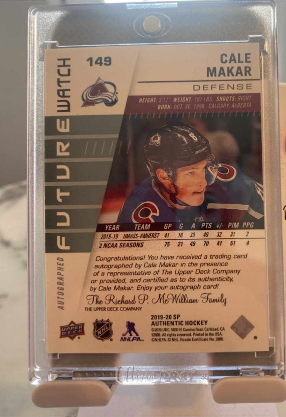Cale Makar Future Watch Auto Card - photo 2