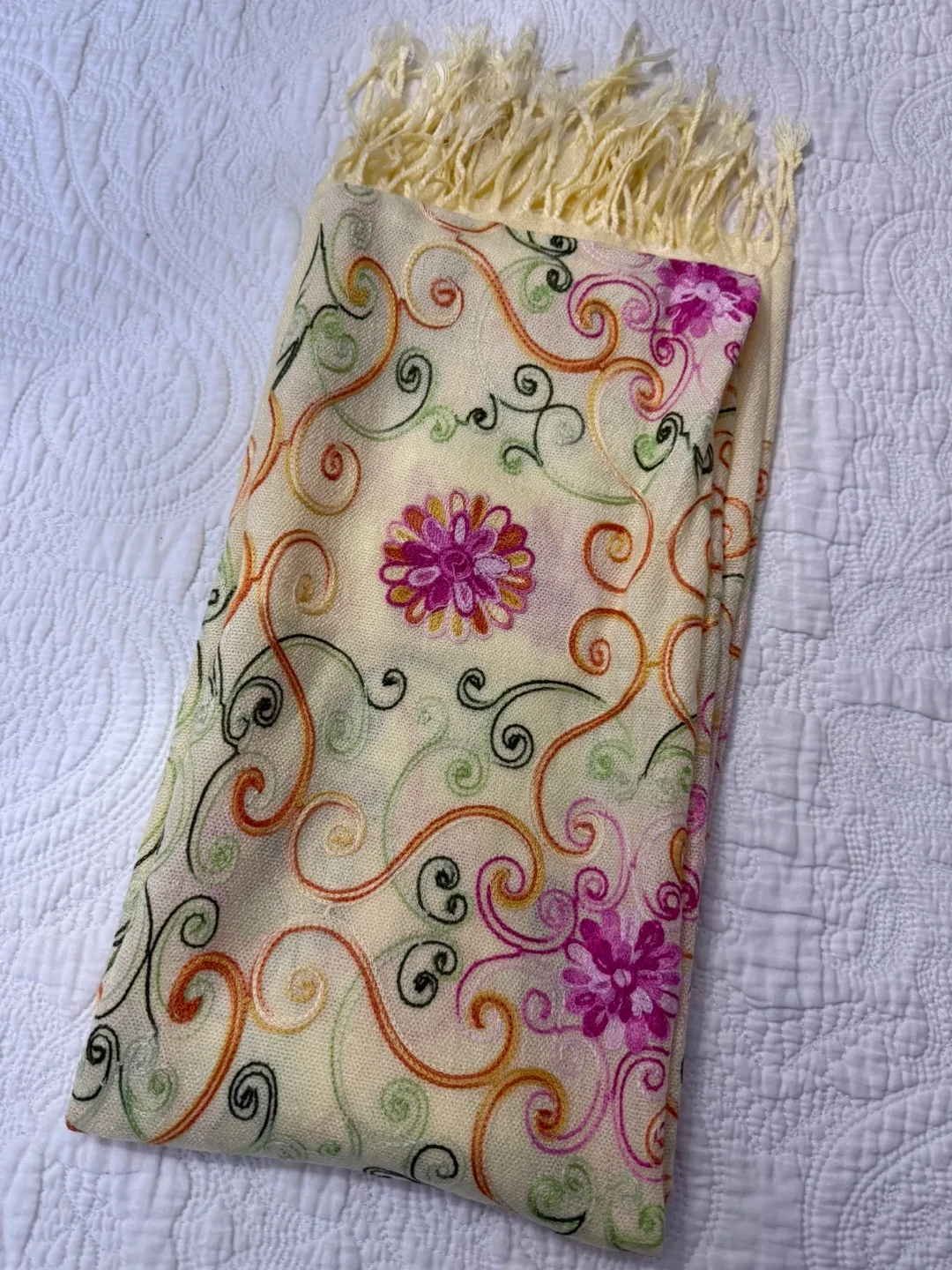 Floral Embroidered Scarf - pastel yellow & Multi-Colour thumbnail
