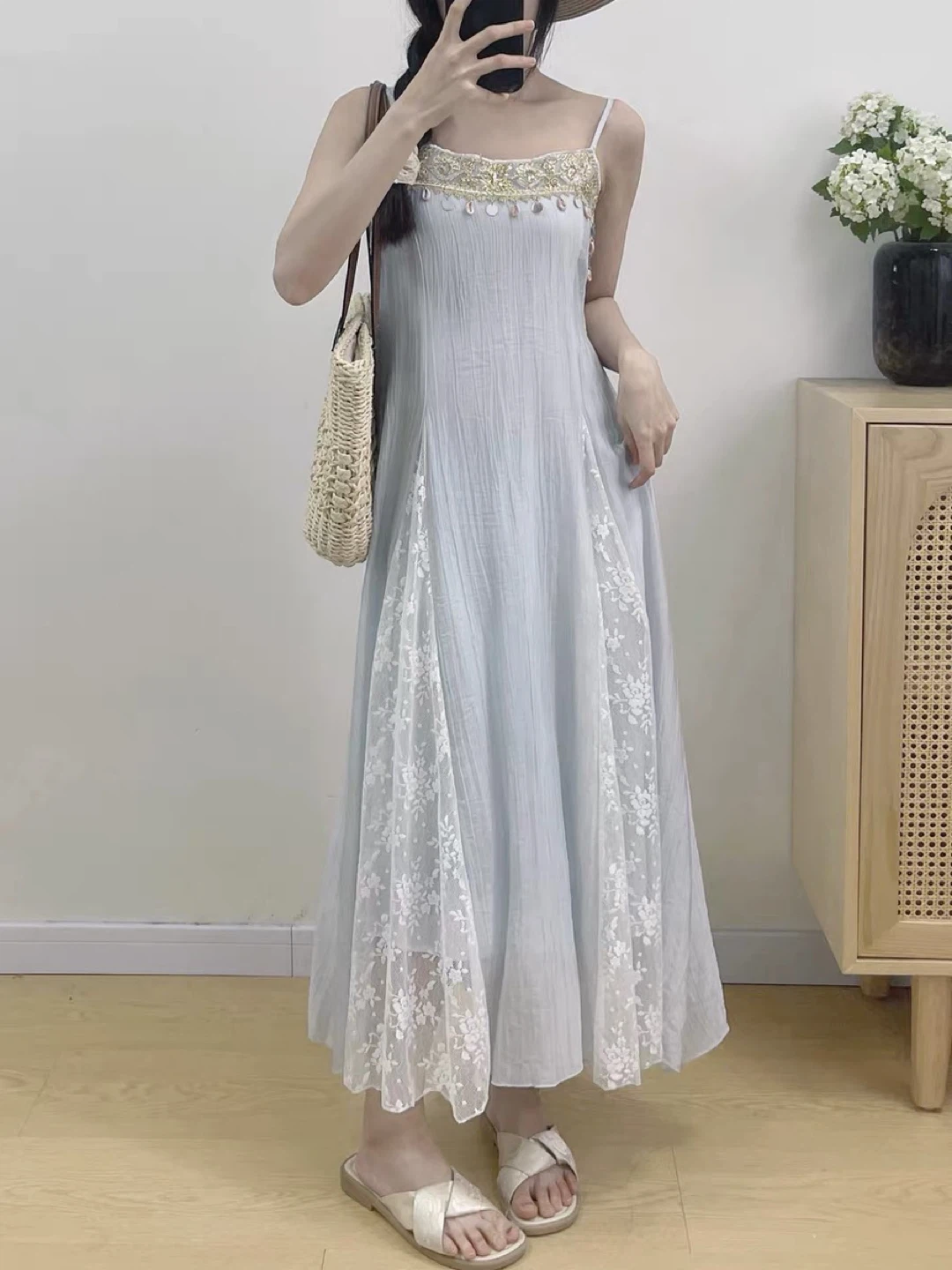 Blue Summer Dress with Lace Detail