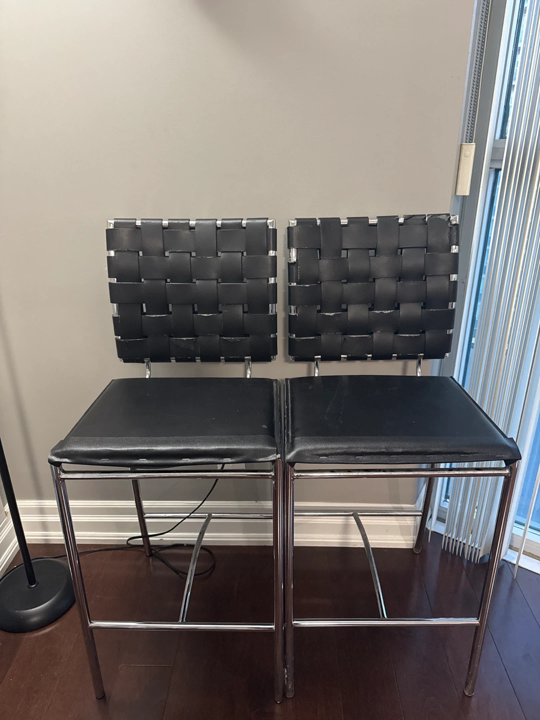 Set of 2 Black Leather Woven Bar Stools