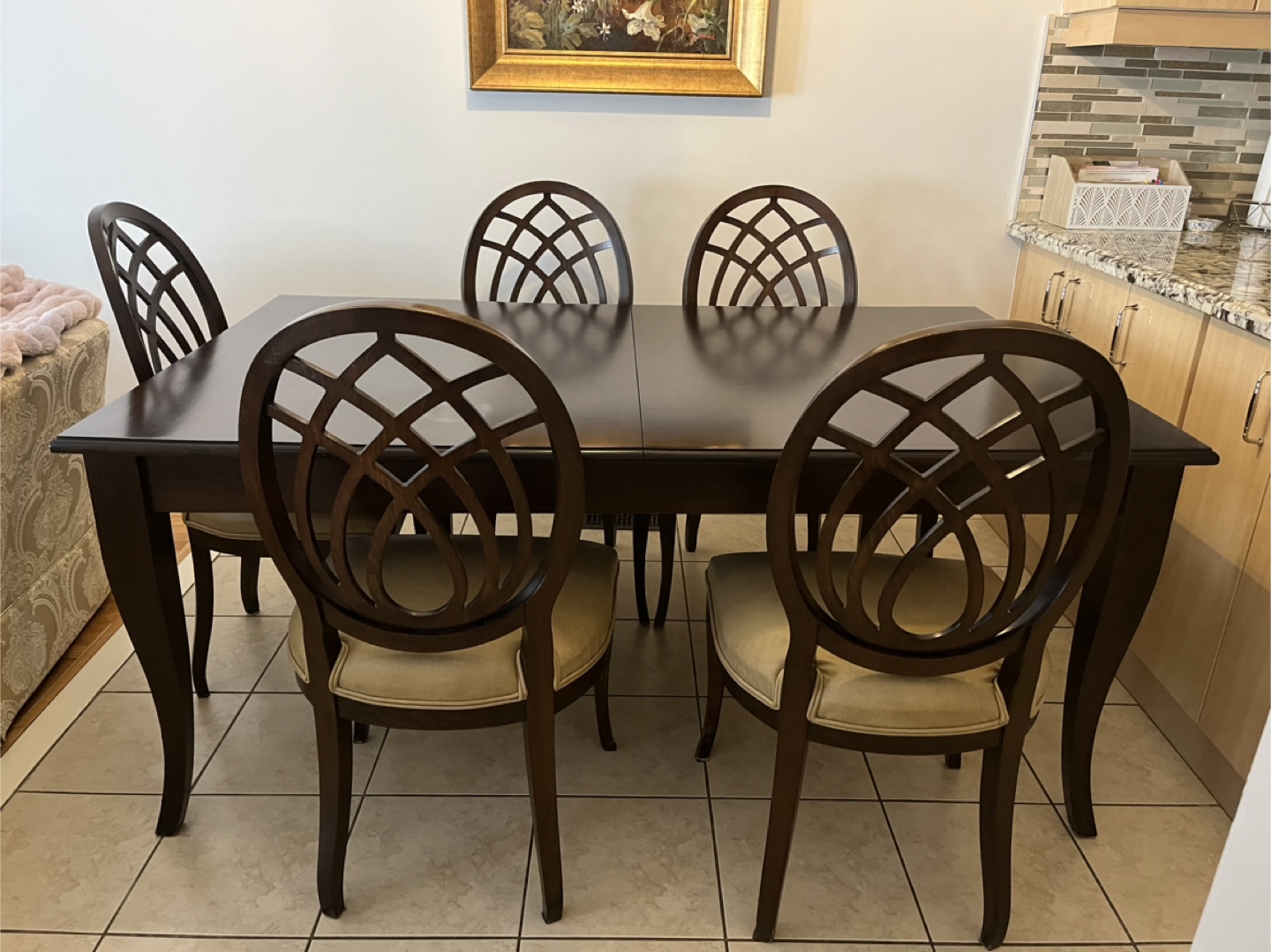 Dark Brown Wooden Dining Table with 4 Leather Chairs