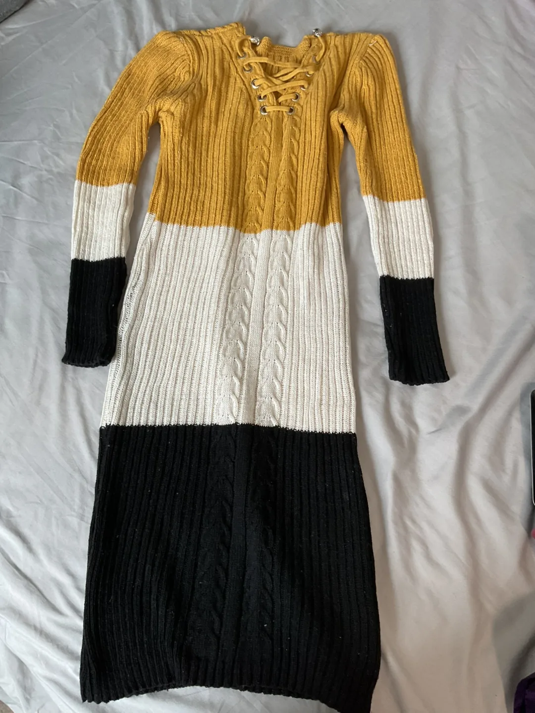Colour Block Knit Dress - Yellow, White, Black thumbnail