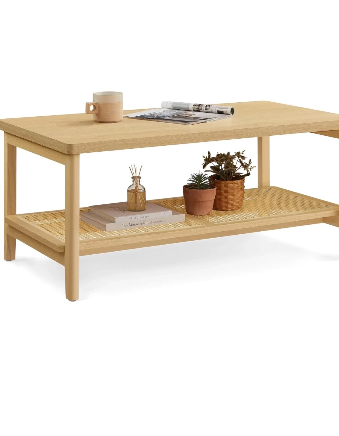 Wood Coffee Table with Wicker Shelf thumbnail