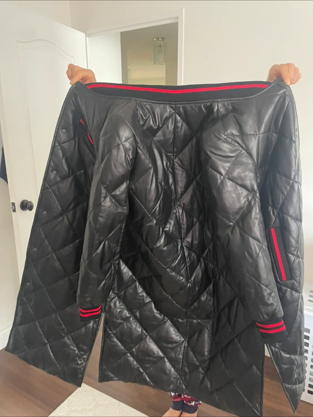 Black leather coat with the inside of mixed abstract art image indicator(2)