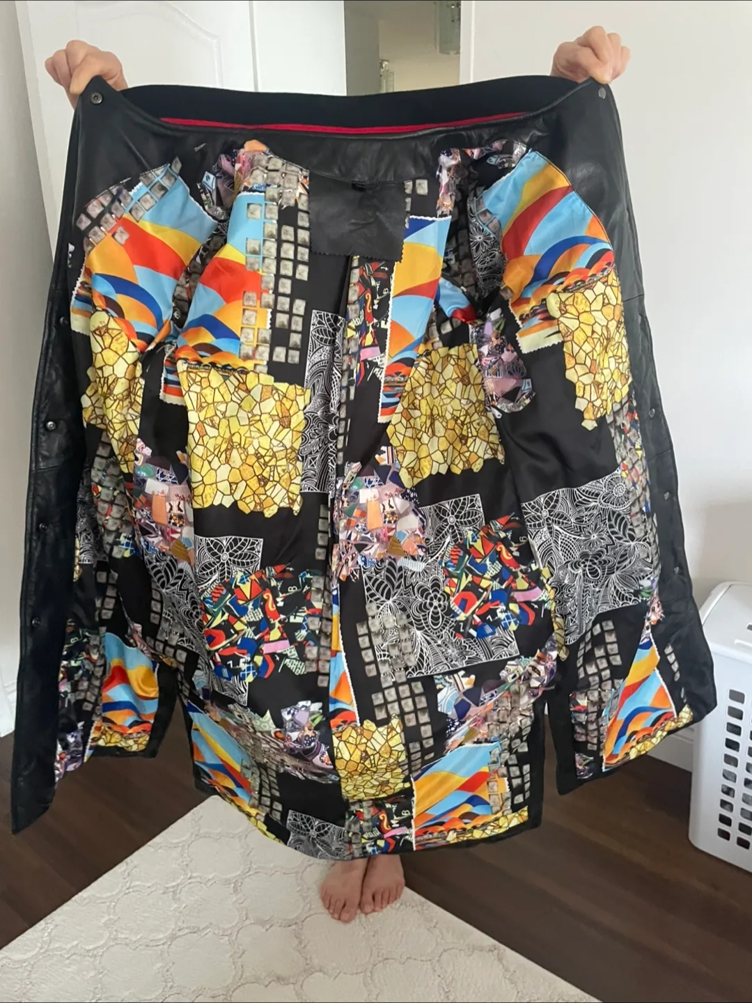 Black leather coat with the inside of mixed abstract art image indicator(3)