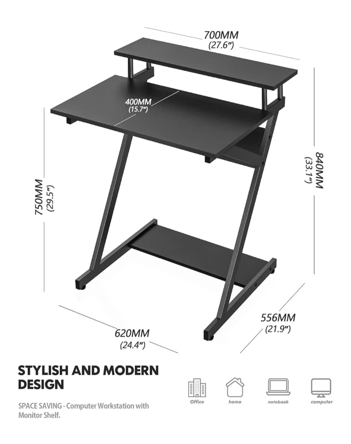 Black Computer Desk with Monitor Shelf - photo 3