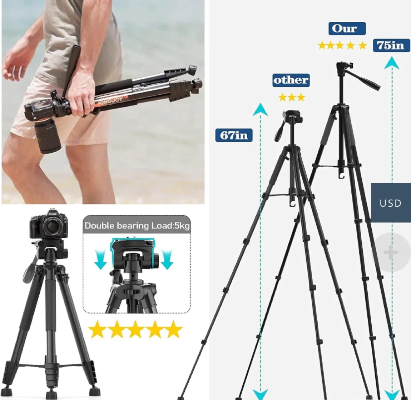 KINGJOY Professional Camera Tripod 75 “ image indicator(4)