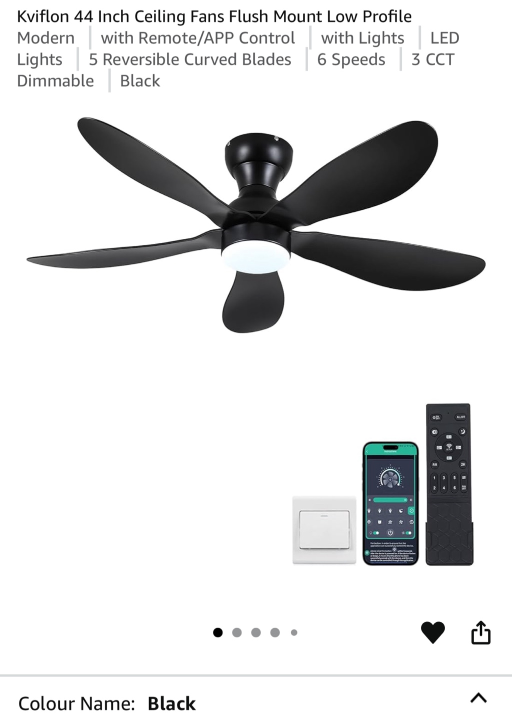 Kviflon 44 Inch Black Ceiling Fan