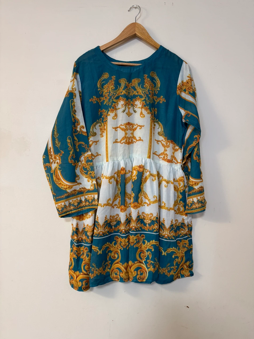 New Teal & Gold Patterned Dress & Pant Set