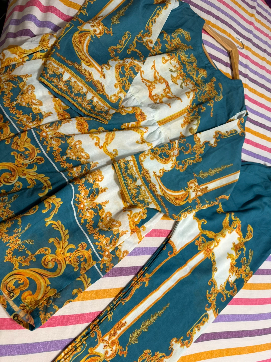 New Teal & Gold Patterned Dress & Pant Set - photo 2