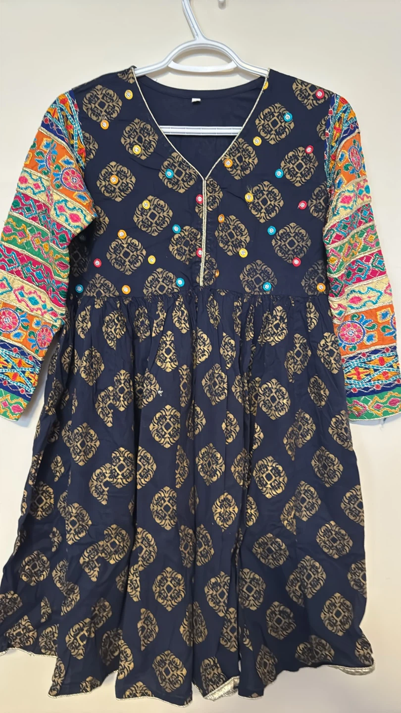 Patterned Navy Dress with Colourful Sleeves