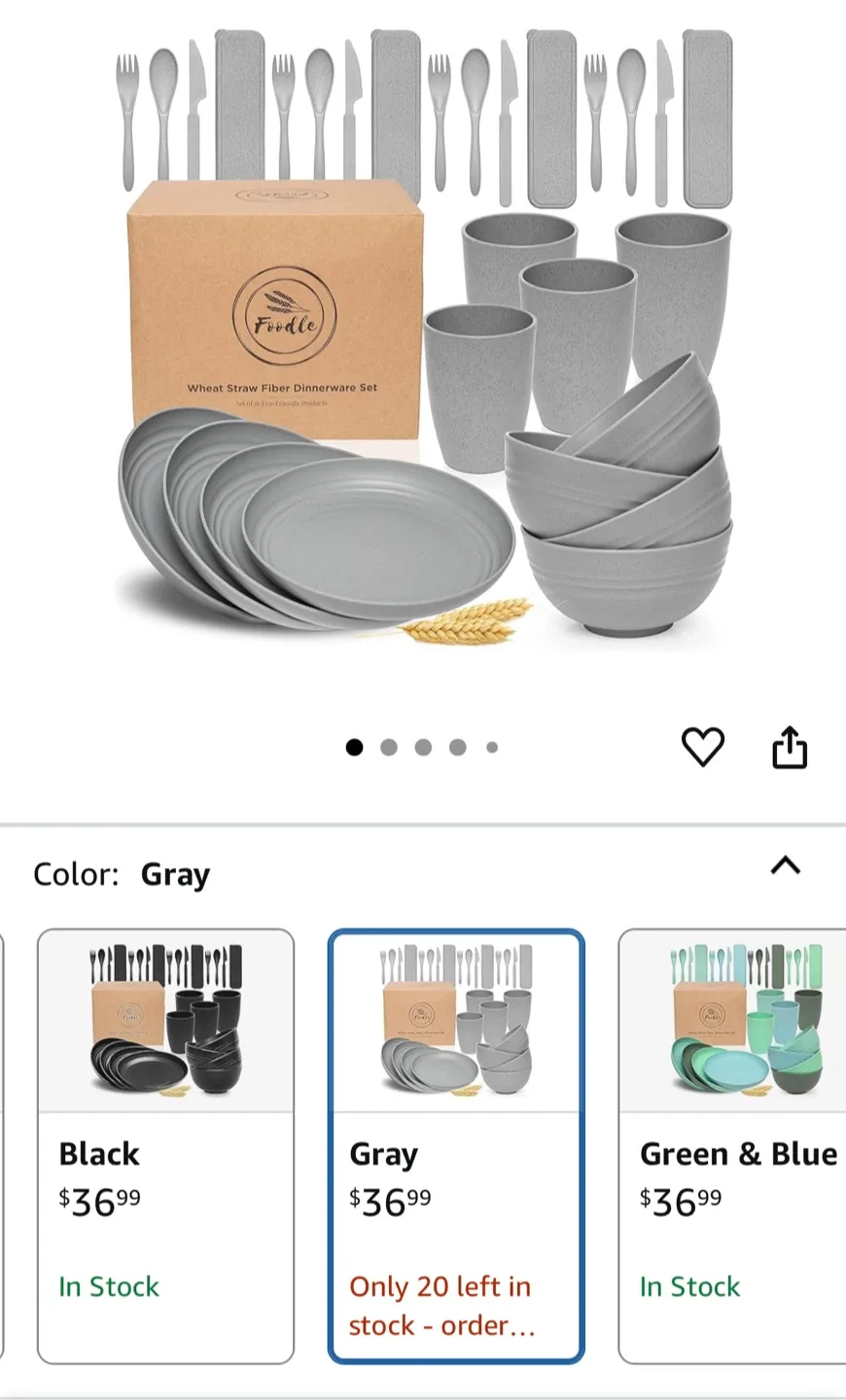 Foodle Wheat Straw Dinnerware Set - Gray thumbnail
