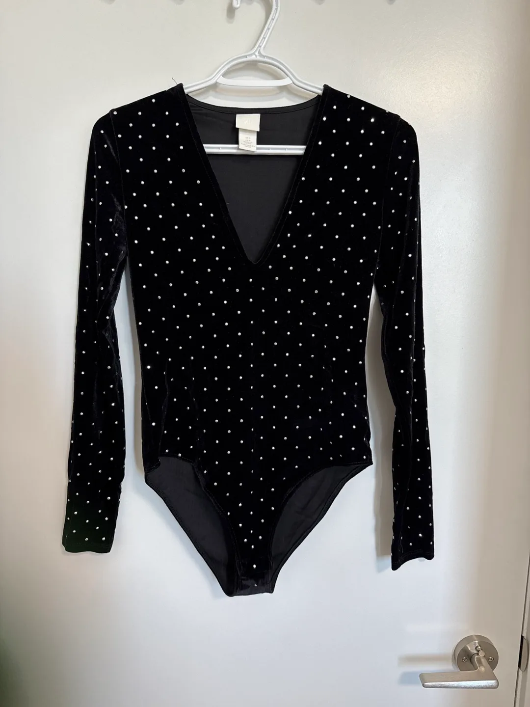 H&M Black Velvet Rhinestone Bodysuit, Size S thumbnail
