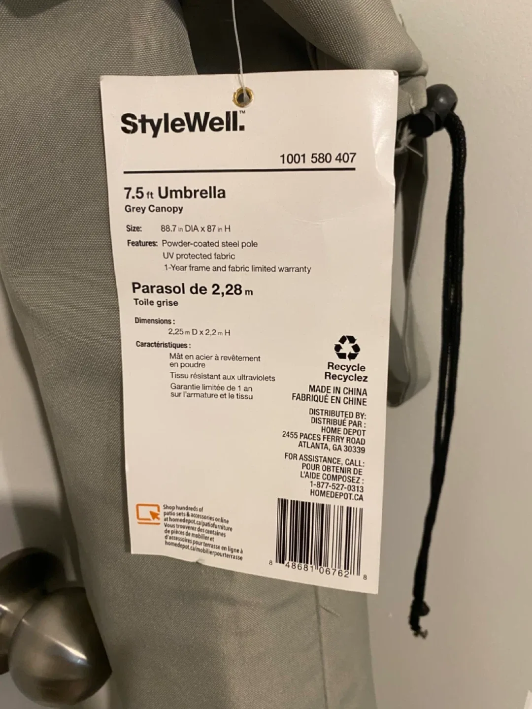 StyleWell 7.5 ft Grey Canopy Umbrella image indicator(2)