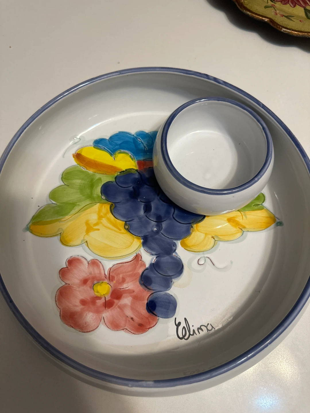 Hand Painted Ceramic Chip and Dip Serving Bowl