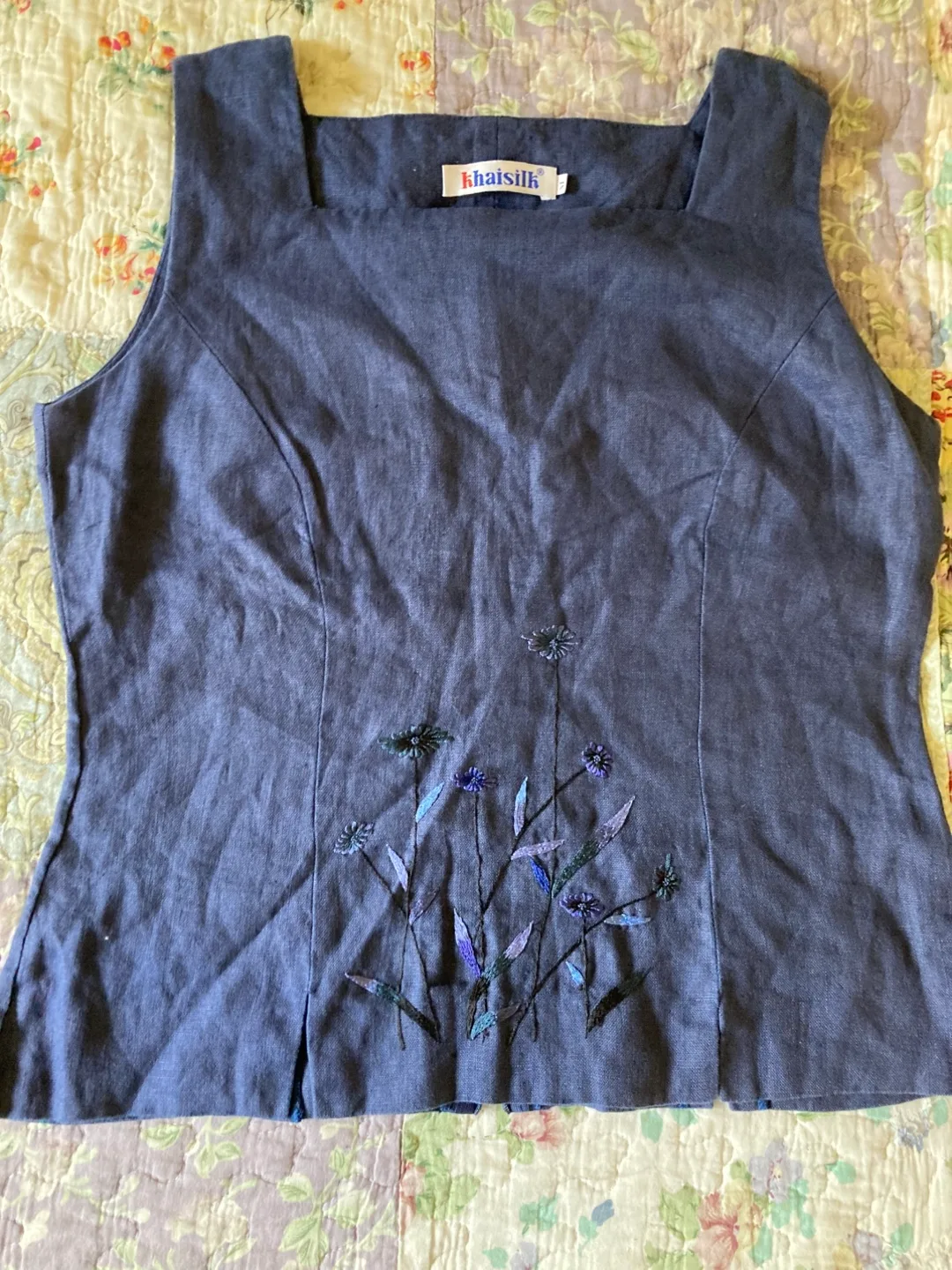 Khaisilk Blue Embroidered Linen Top - Size M thumbnail