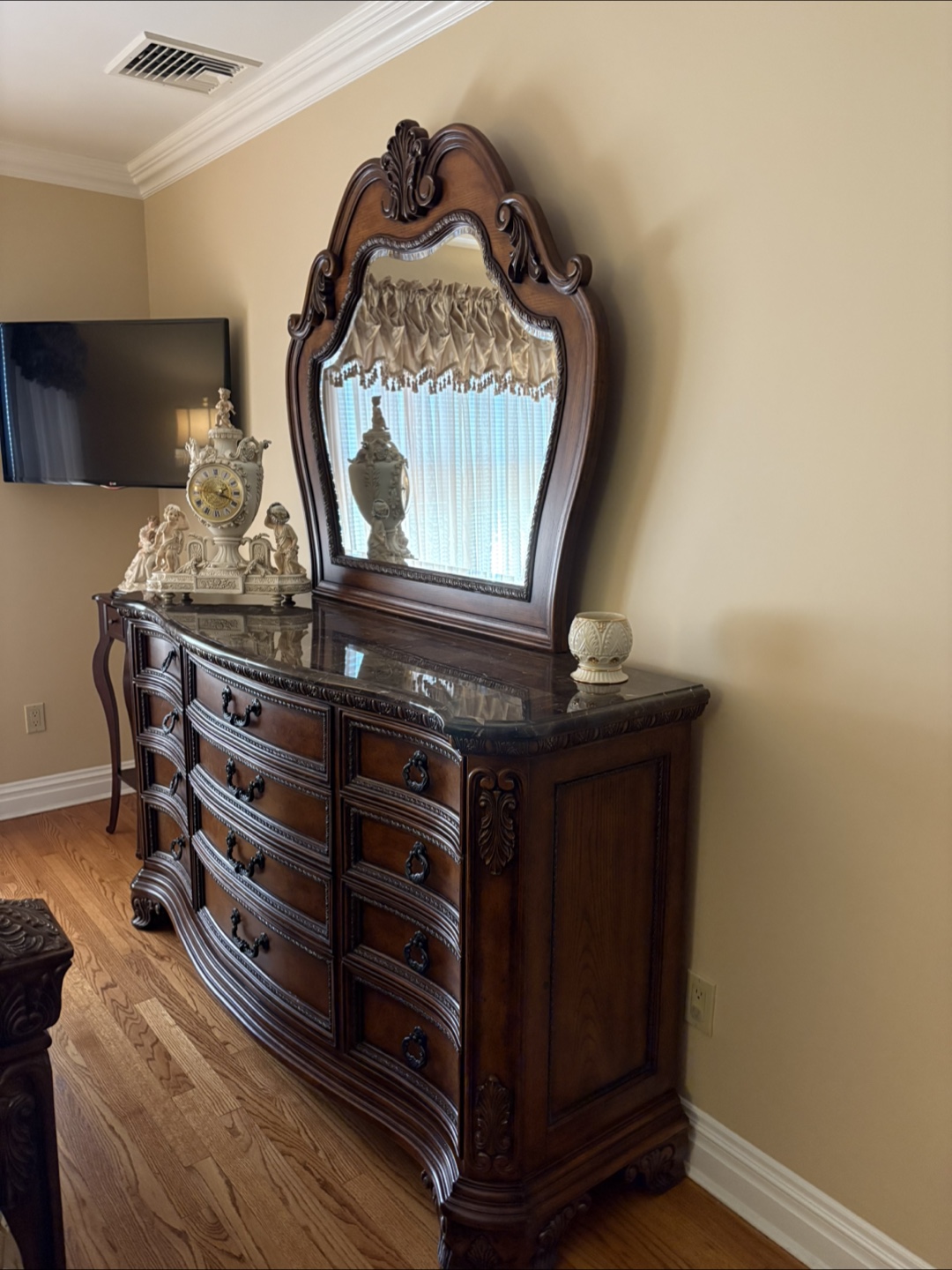 Ornate Wooden Armoire, Dresser, and Bed Frame Set - photo 2