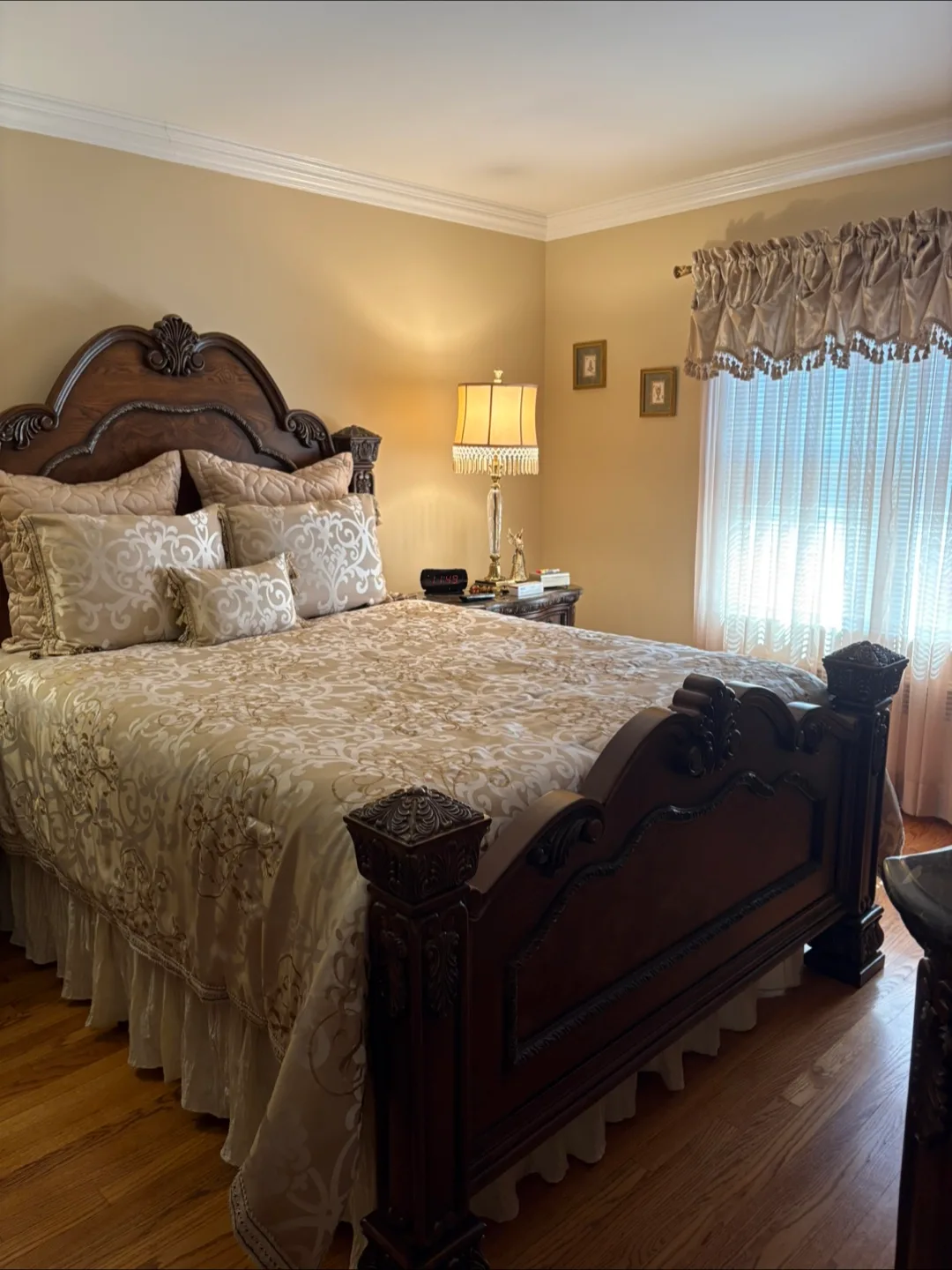 Ornate Wooden Armoire, Dresser, and Bed Frame Set thumbnail