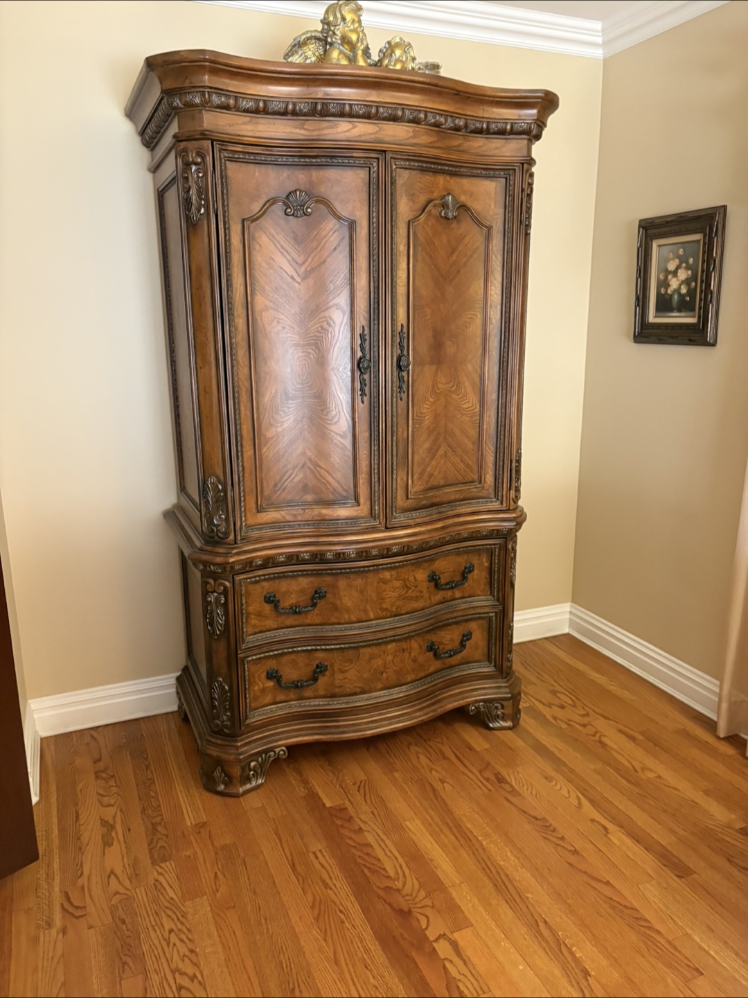 Ornate Wooden Armoire, Dresser, and Bed Frame Set - photo 3