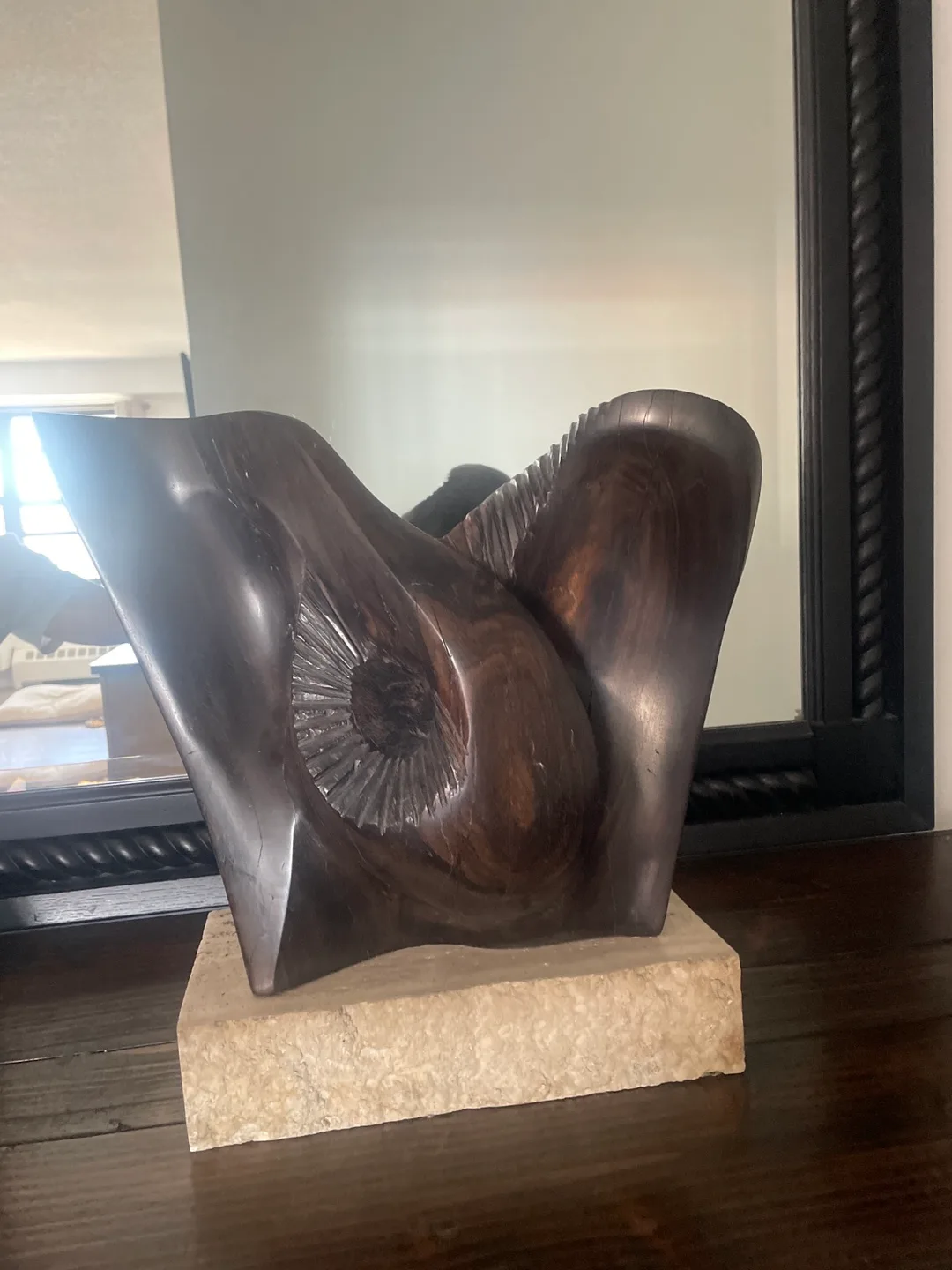 Antique Wooden Sculpture with a marble stone  rectangle base. image indicator(2)