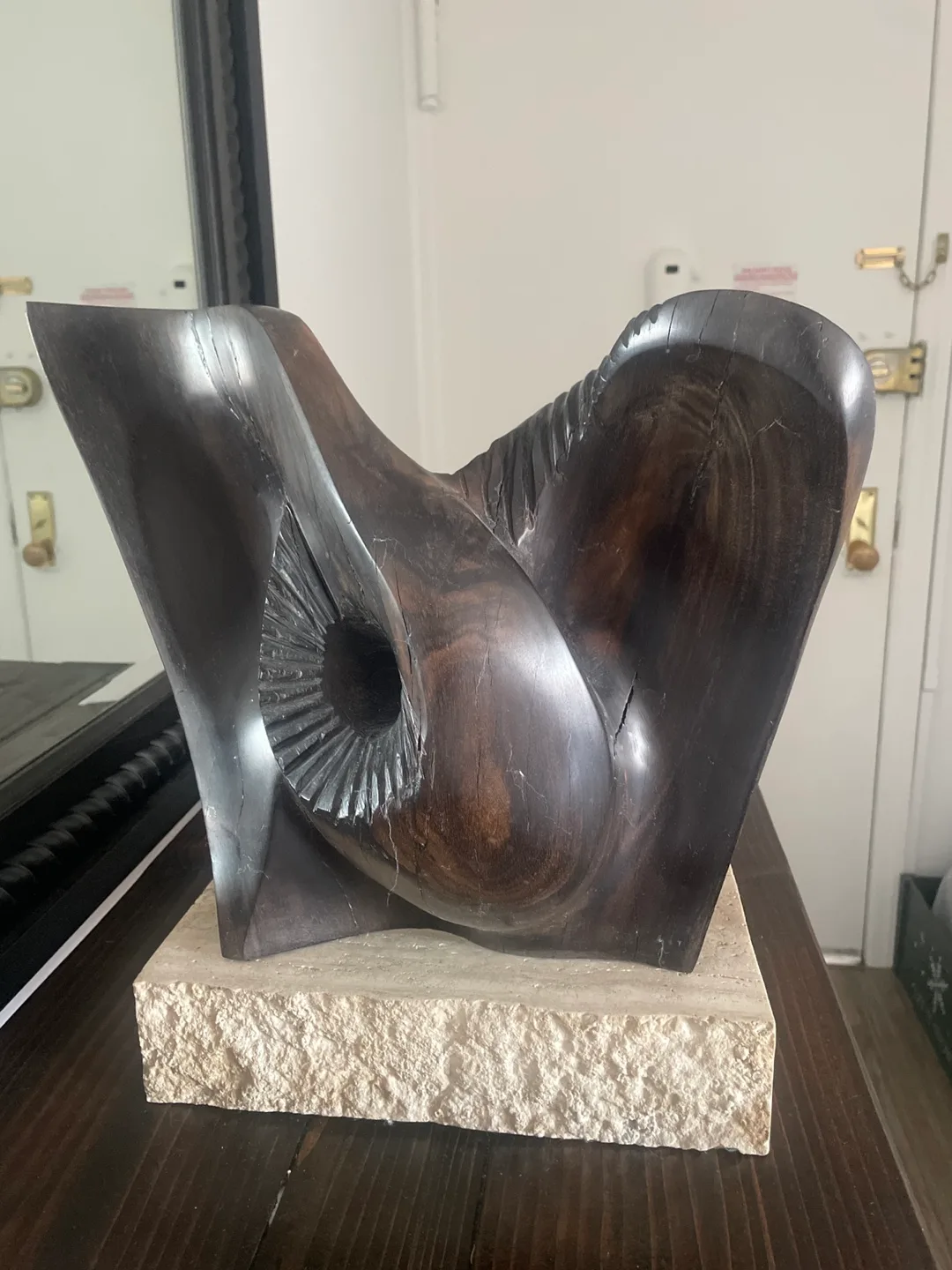 Antique Wooden Sculpture with a marble stone  rectangle base. image indicator(5)