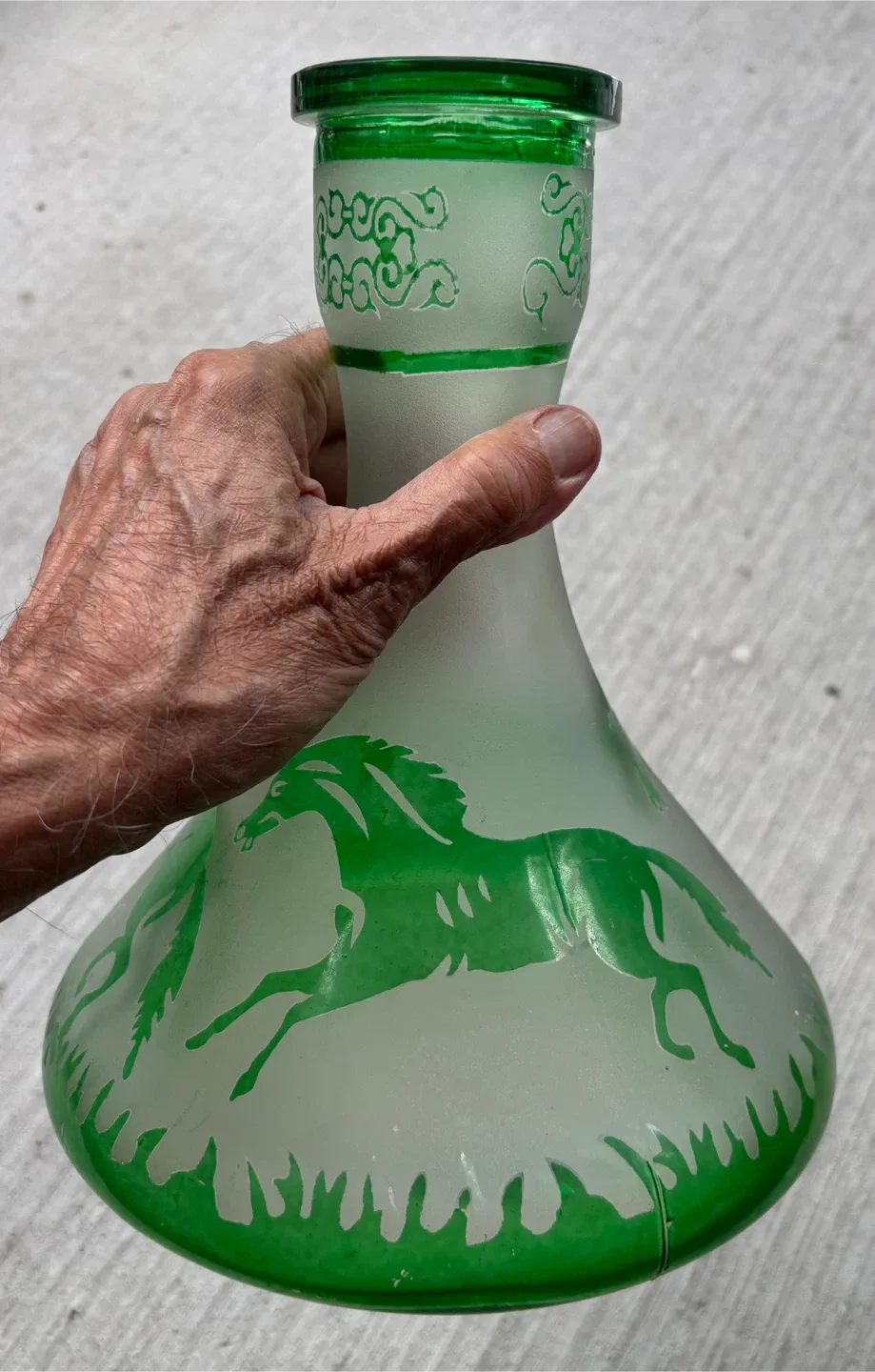 Green Etched Glass Vase with Horses thumbnail