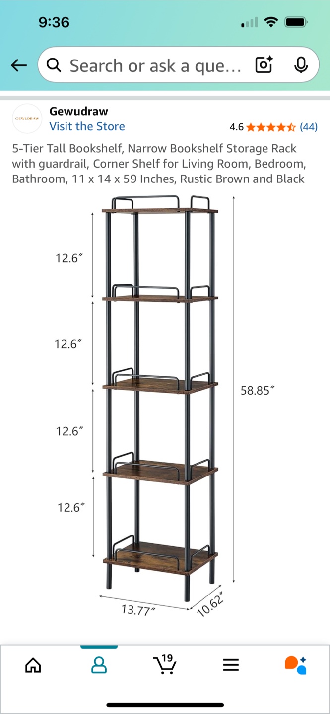 Gewudraw 5-Tier Tall Bookshelf - Rustic Brown & Black - photo 2