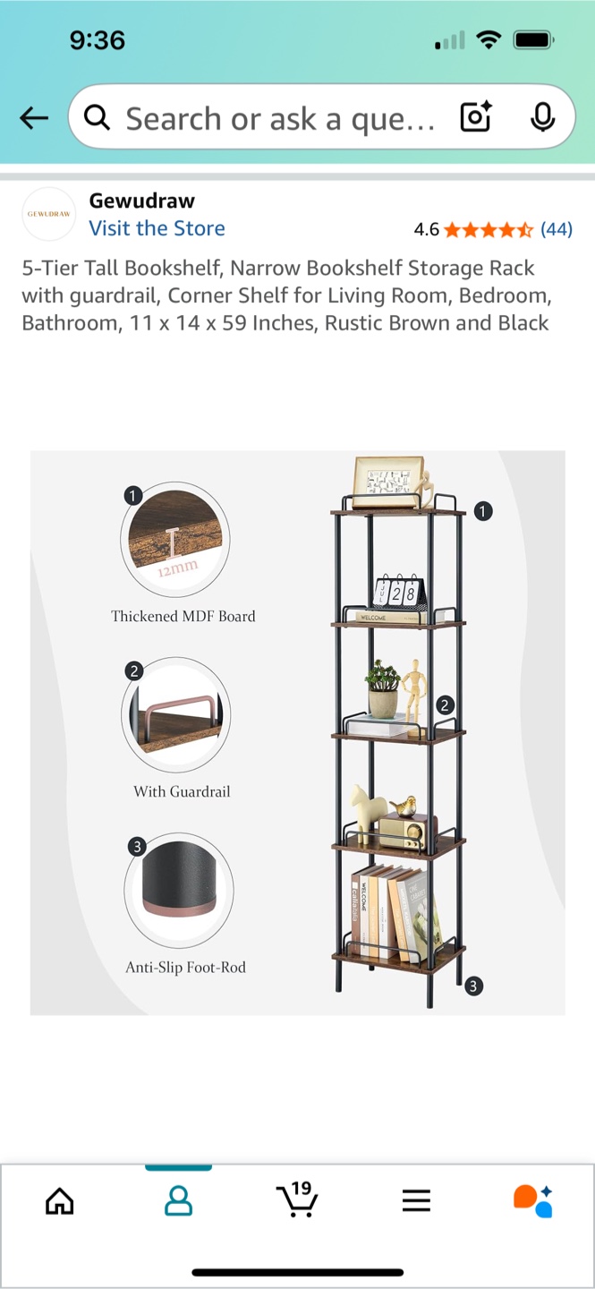 Gewudraw 5-Tier Tall Bookshelf - Rustic Brown & Black - photo 3