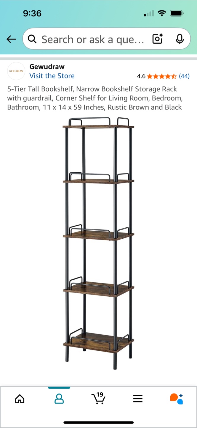 Gewudraw 5-Tier Tall Bookshelf - Rustic Brown & Black