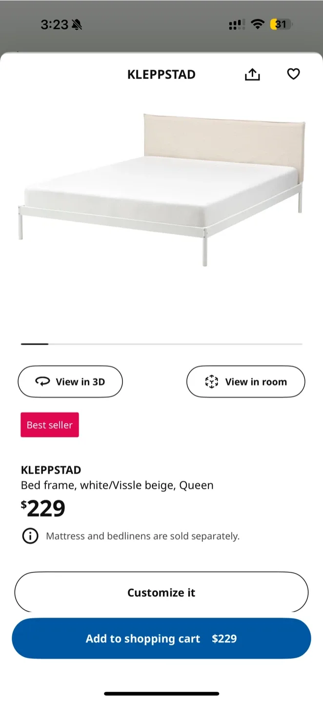 IKEA KLEPPSTAD Bed frame, white/Vissle beige, Queen image indicator(6)