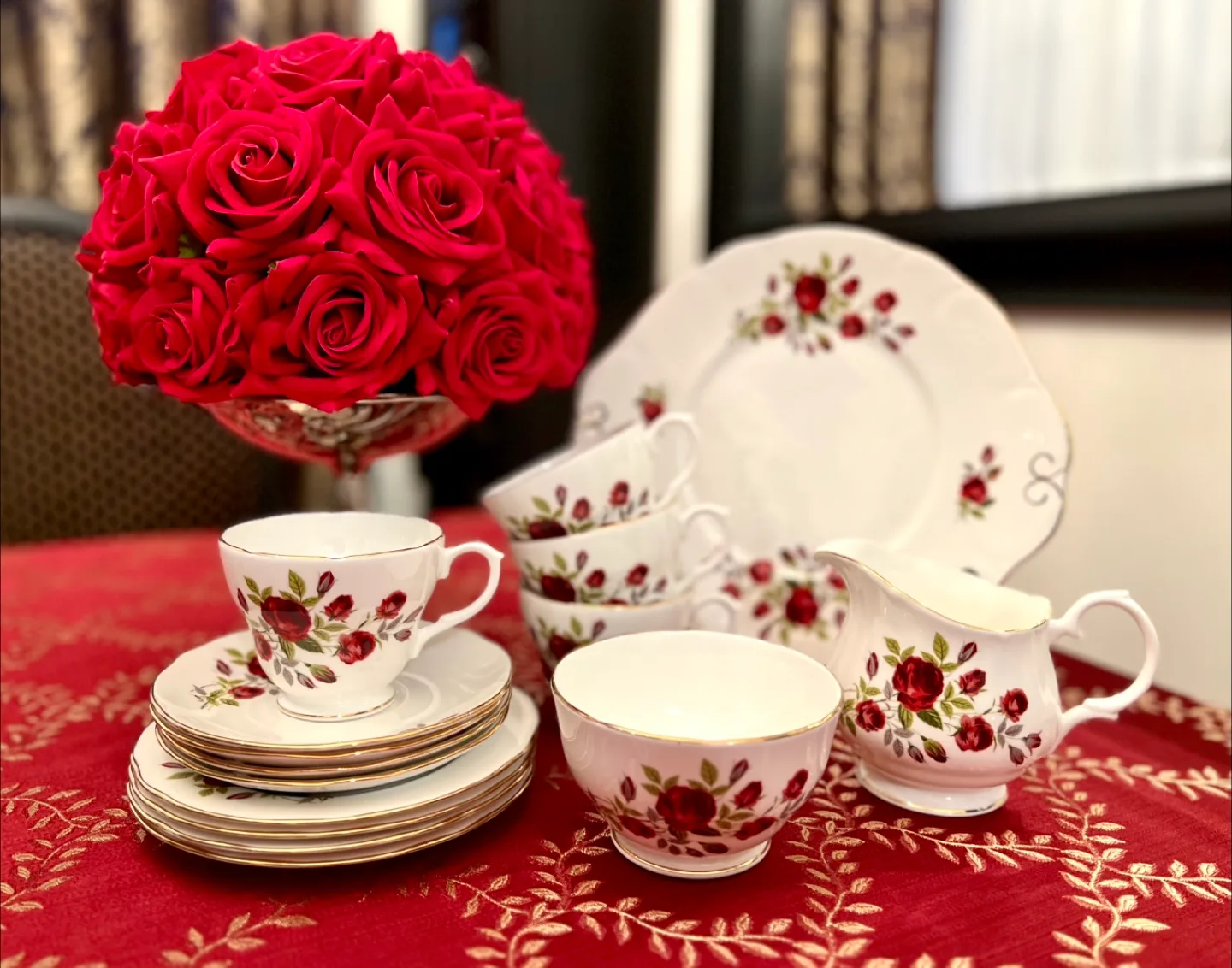 Duchess red rose teacup set for 4 image indicator(6)