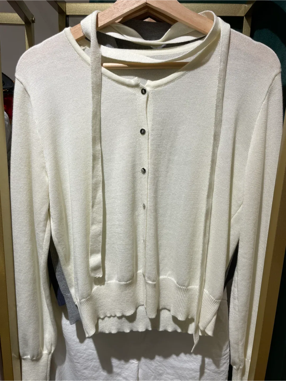 Cardigan with Tie - Cream/Grey thumbnail