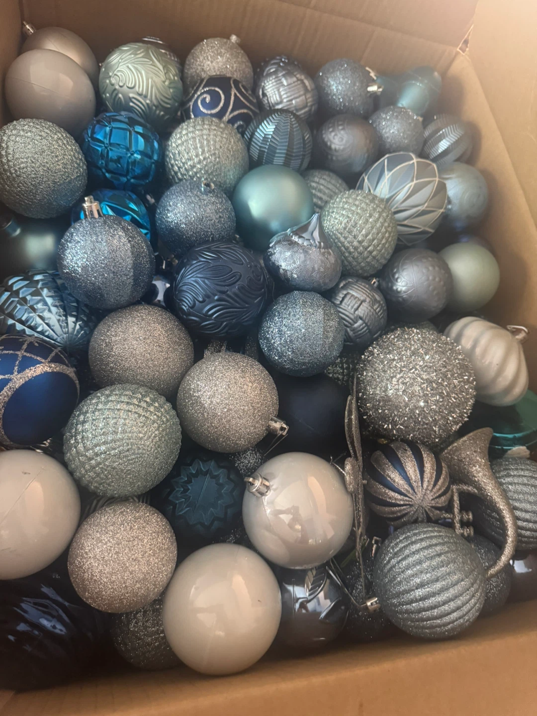 Box of Assorted Blue Christmas Ornaments