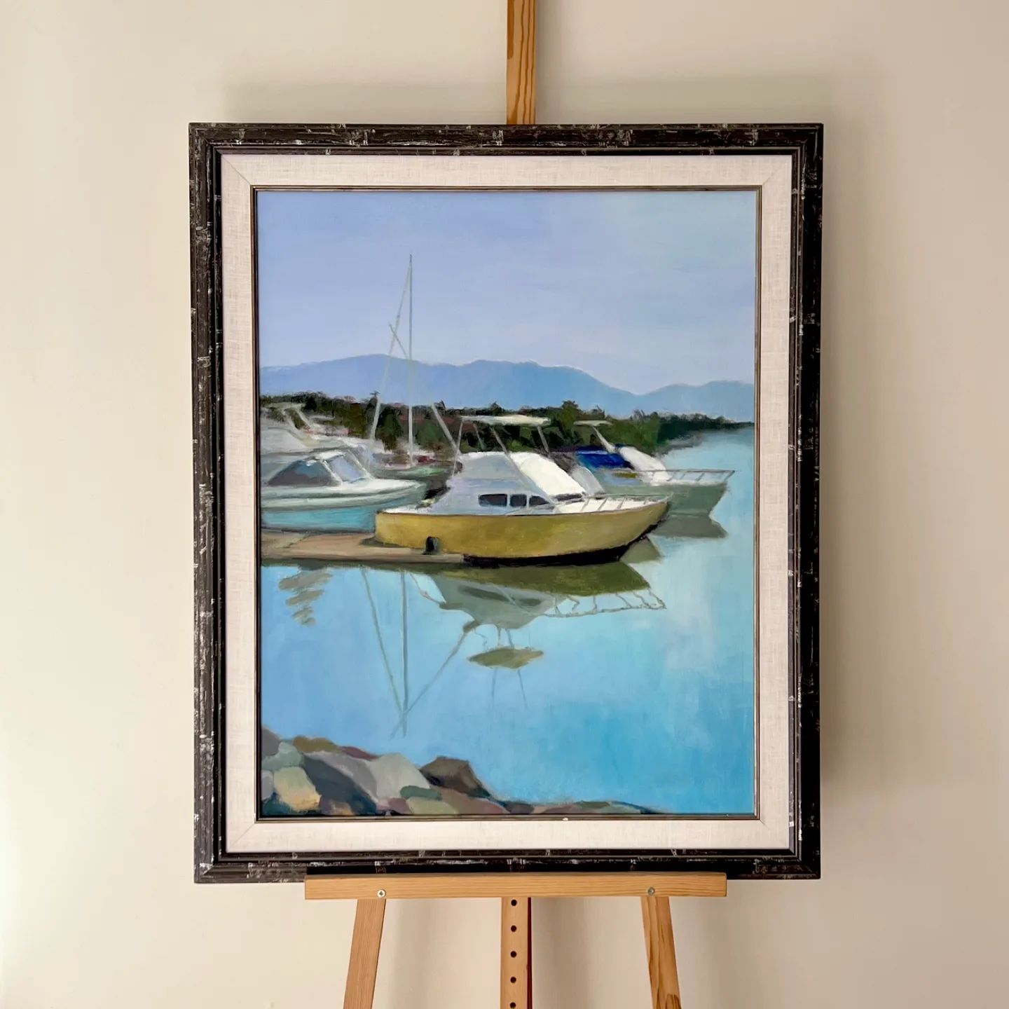 Large framed oil painting of boats image indicator(2)
