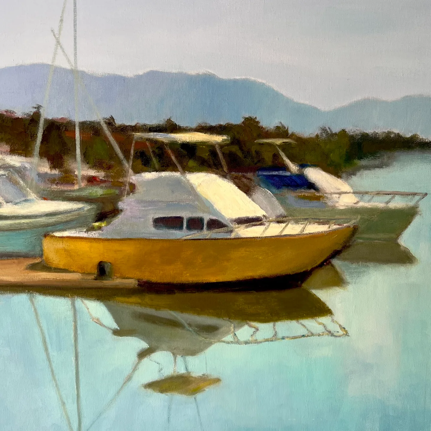 Large framed oil painting of boats image indicator(3)