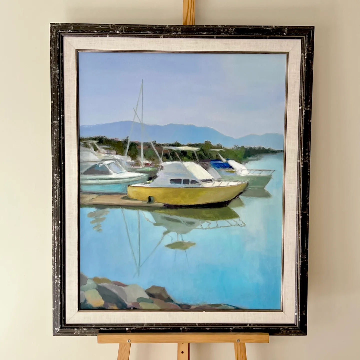 Large framed oil painting of boats thumbnail