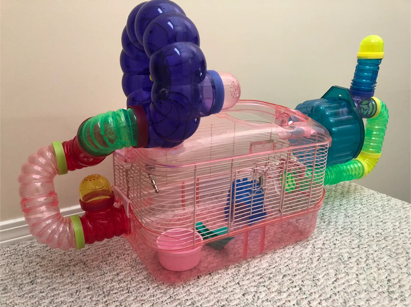 Pink Hamster Cage with Tubes & Accessories