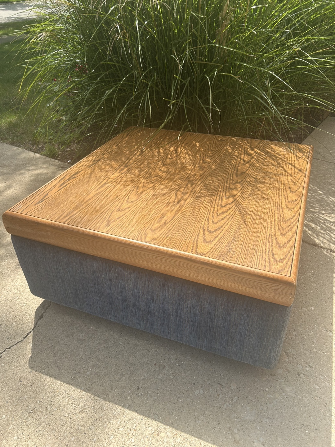 Oak Tabletop & Blue Upholstered Ottoman