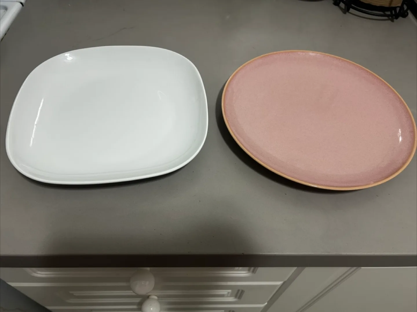 Two Ikea Plates - Pink Round & White Square thumbnail